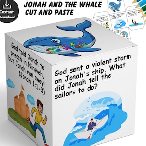 May include: A white cut-and-paste cube featuring illustrations and text from the story of Jonah and the Whale. The cube has a blue whale illustration on top, and text that reads "Jonah and the Whale Cut and Paste". The sides feature illustrations and text from the story.