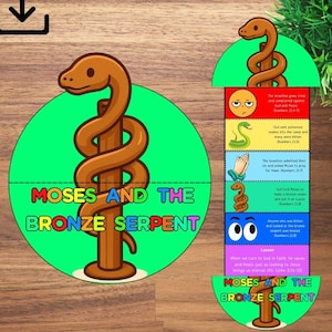 May include: A colorful educational graphic with the text "Moses and the Bronze Serpent." The image features a brown serpent on a staff, a green circle, and a vertical strip with text and illustrations about the biblical story.