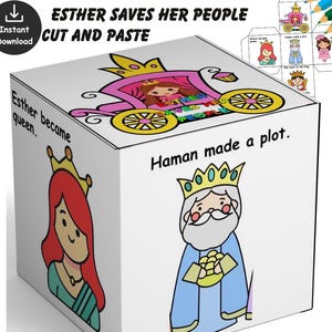 May include: A white cube-shaped craft project with illustrations and text. The text reads "ESTHER SAVES HER PEOPLE CUT AND PASTE". The cube features drawings of a queen, a king, and a carriage. The text "Esther became queen" is also visible.