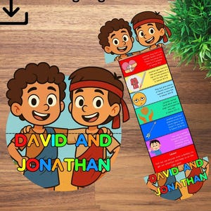 Puede incluir: Ilustración colorida de dos niños de dibujos animados con el texto "David y Jonathan". También se incluye un marcador con ilustraciones y texto. Las palabras "Coloring Page Included" están en la parte superior.