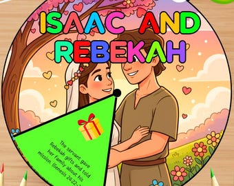 Isaac y Rebeca, Rueda para colorear bíblica imprimible, Manualidad para la escuela dominical, Estudio bíblico para niños, Historia bíblica de Rebeca en el pozo, Rueda giratoria