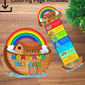 Puede incluir: Ilustración colorida del Arca de Noé con un arcoíris. El texto "NOAH AND THE ARK" se muestra en el arca. Un gráfico tipo marcapáginas detalla la historia, con el texto "Coloring Page Included" en la parte superior.