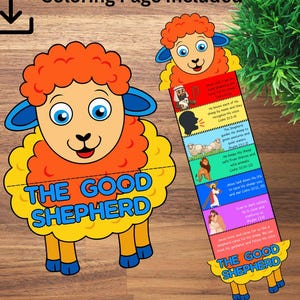 May include: A colorful, cartoon-style illustration of a sheep with orange wool and blue accents. The text "THE GOOD SHEPHERD" is displayed on the sheep's body. A bookmark with related text and images is also included. The words "Coloring Page Included" are at the top.