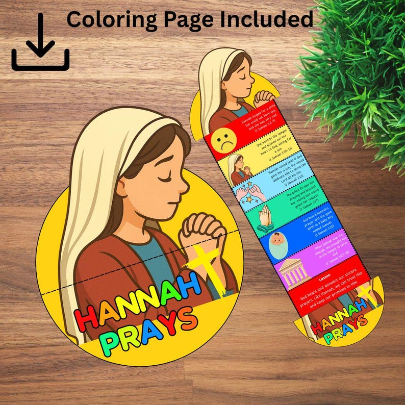 Puede incluir: Ilustraci&oacute;n colorida de una mujer rezando, con el texto "HANNAH PRAYS" en arco&iacute;ris. Tambi&eacute;n se muestra un marcap&aacute;ginas con la misma ilustraci&oacute;n y texto, con vers&iacute;culos b&iacute;blicos. Las palabras "Coloring Page Included" est&aacute;n en la parte superior.