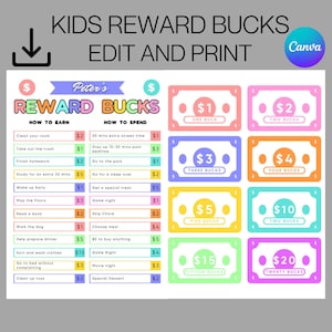 Kids Reward Bucks Printable, Kinder Belohnungsgutscheine, Chore Bucks, Druckbare Muttergeld, Belohnungssystem für Kinder, Good Behaviour Bucks, Canva Link
