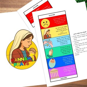 Puede incluir: Un libro de actividades infantiles con ilustraciones y texto. La portada presenta una caricatura de una mujer rezando, con las palabras "HANNAH PRAYS". En el interior, hay paneles ilustrados con vers&iacute;culos b&iacute;blicos.
