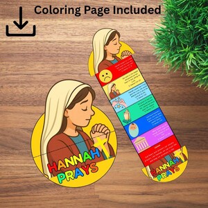 Puede incluir: Juego de dos p&aacute;ginas para colorear con una ilustraci&oacute;n de dibujos animados de una mujer rezando. El juego incluye una imagen circular y un marcap&aacute;ginas con texto e ilustraciones. El texto del marcap&aacute;ginas dice "Hannah Prays" y "Coloring Page Included".