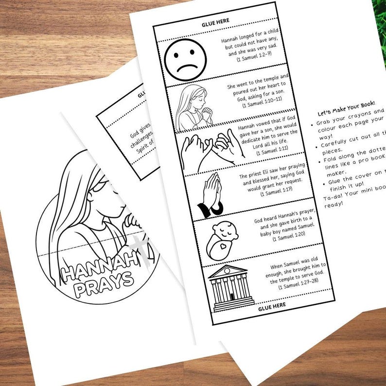 Puede incluir: P&aacute;ginas de actividades imprimibles en blanco y negro con el texto "Hannah Prays" e ilustraciones que representan una historia b&iacute;blica. Incluye instrucciones para colorear, recortar y montar un mini-libro.