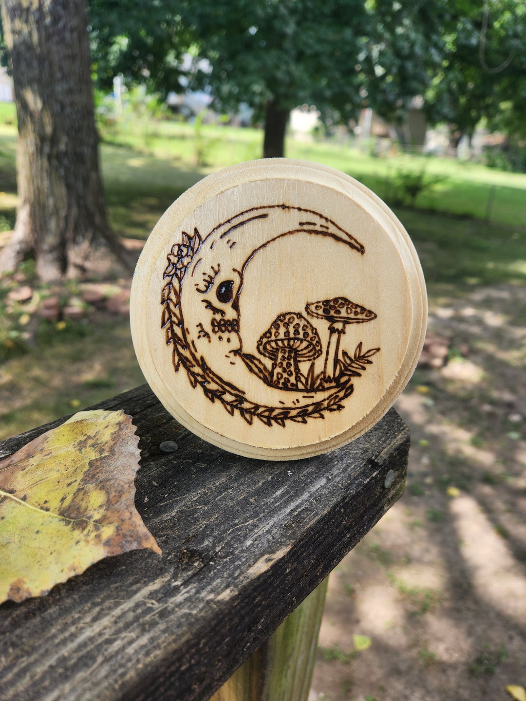 Skeleton Moon With Mushrooms Wooden Pyrography Art, Handmade Wood Burn