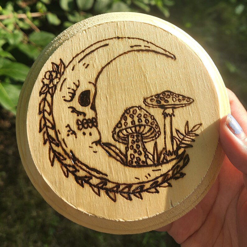 Skeleton Moon With Mushrooms Wooden Pyrography Art, Handmade Wood Burn