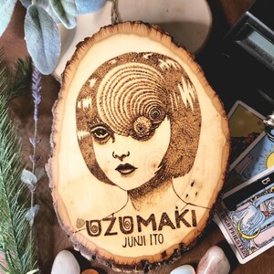 Junji Ito's Uzumaki manga spiral girl Japanese anime wood burning, Macabre psychological horror, Supernatural dark fantasy cartoon fanart
