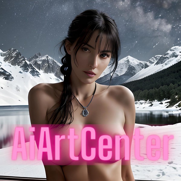 85 HD AI digital art images (2048 X 3584px). Dark haired babe and a snowy star filled night in the mountains