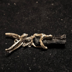 Black tourmaline eagle pendant, sterling silver - approx. 2 in