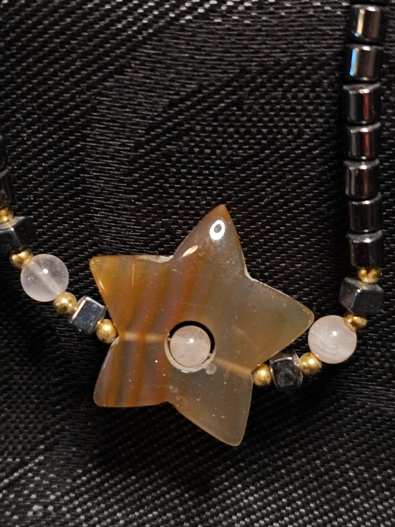 Hematite and rose quartz necklace with agate star,