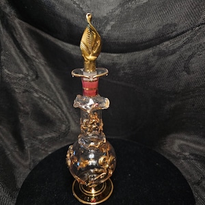 MED Vintage glass perfume bottle, clear with gold accents 7 inches tall