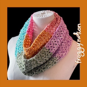 Crocheted Multicolor V-Stitch Infinity Scarf in Pumpkin, Coral, Aqua, Olive, Orchid, Raspberry, & Cream