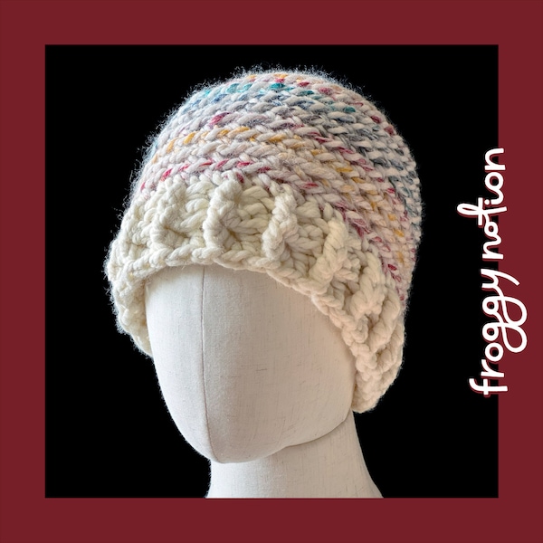 Chunky Crocheted Multicolor Beanie Hat in Cream, Brick Red, Mustard, Navy, & Teal