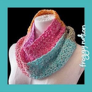 Crocheted Multicolor Shell-Stitch Infinity Scarf in Pumpkin, Coral, Aqua, Olive, Orchid, Raspberry, & Cream