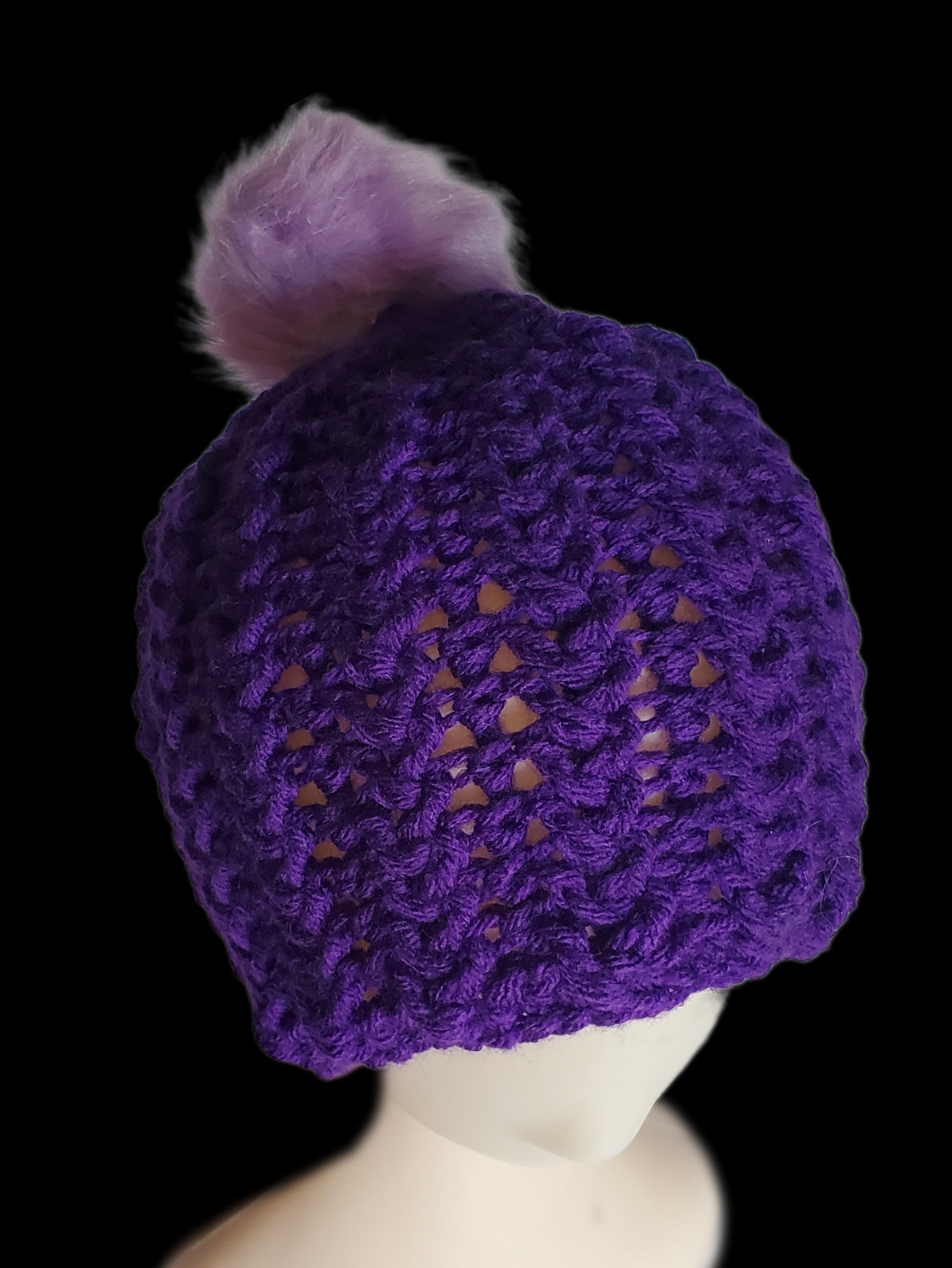 Purple Crochet Beanie: Braided Texture, Lavender Faux Fur 