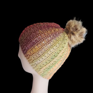 Crochet Colorful Beanie with Faux Fur Pompom | Multicolor Soft Winter Hat | Unique Toboggan