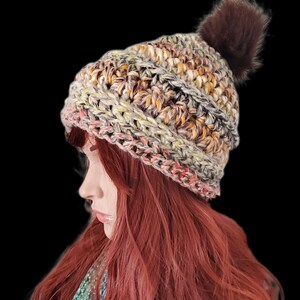 Wool Blend Crochet Beanie with Faux Fur Pompom | Neutral Colors Winter Hat | Unique Toboggan