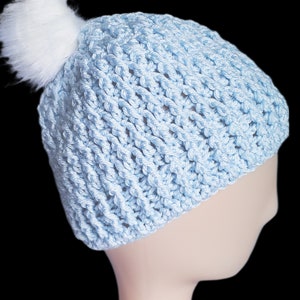 Crochet Baby Blue Beanie with Faux Fur Pompom | Soft and Sleek Winter Hat | Unique Toboggan