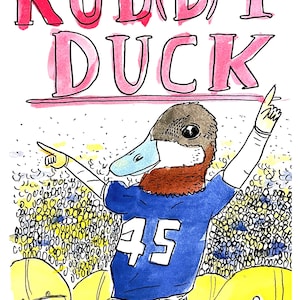 May include: A cartoon illustration of a duck wearing a blue and yellow football uniform with the number 45 on the front. The duck is raising its right arm in the air and pointing with its left arm. The duck is in front of a crowd of people. The text "RUD(D)Y DUCK" is written in pink at the top of the image.