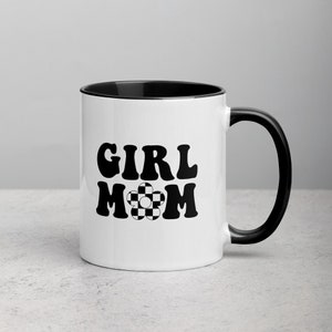 Girl Mom Coffee Mug with Checker Print Flower | 11oz Black Mug with Black Color Inside