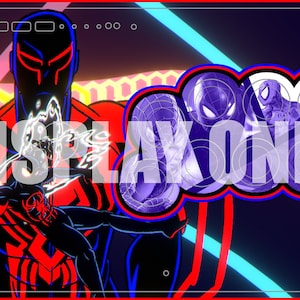 Può includere: Un'illustrazione digitale di un personaggio di supereroe rosso e nero con un'aura bianca incandescente. Lo sfondo è un design blu e rosso al neon con un fumetto viola che dice "DISPLAY ONLY" e presenta più immagini del supereroe in diverse pose.
