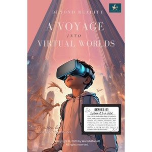 以下が含まれることがあります： ピンクとオレンジの背景に、VRヘッドセットをつけた少年が描かれた本の表紙。少年は、空を飛ぶドラゴンがいる未来都市を見上げています。本のタイトルは「Beyond Reality: A Voyage Into Virtual Worlds」です。