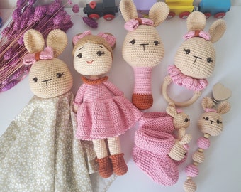 Amigurumi rabbit, doll, set of 6 rabbits, pacifier chain, knitted shoes, rattle, comfort blanket, gift idea, baby shower, christening, hand-knitted