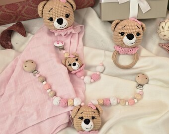 Pacifier chain, bear set, amigurumi, toy, gift idea, doll, amigurumi bear set, stroller chain, rattle, gift, baptism, teddy