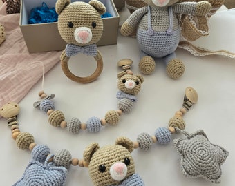 Amigurumi bear set, gift, christening, birthday, stroller chain, pacifier chain, bear doll, rattle, teddy