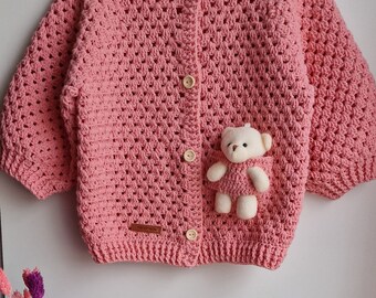 Knitted girls cardigan,Gardigan,Girls cardigan,Gift for birthday,Handmade,Cardigan with bear,Pink cardigan