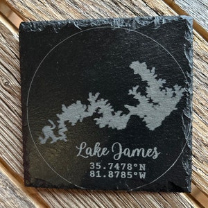 Lake James Slate Coasters Set of 4 w/ Stained Wooden Box
