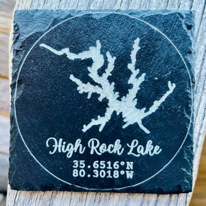 High Rock Lake Slate Coasters Set of 4 w/ Stained Wooden Box