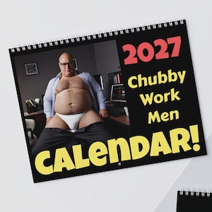 Calendário de Parede 2027 com Homens Gostosões, Operários Gordinhos de Cueca, Engraçado, Peludos, Humor de Trabalhador Braçal, Presente para Escritório
