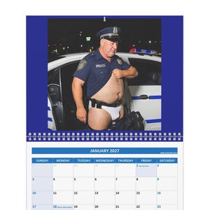 Calendario 2027 Policía Gordo Oso en Calzoncillos Chico Guapo Regalo de Broma para Amigos, Compañeros de Trabajo y Elefante Blanco Calendario para Adultos Hombres Musculosos