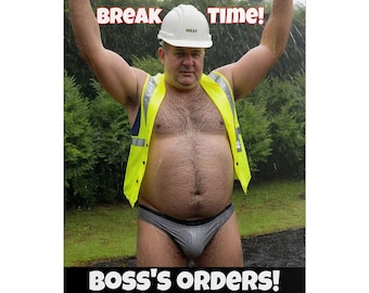 Hunk Poster Hairy Chubby Bear Construction Worker in Briefs Man | Rolled Poster