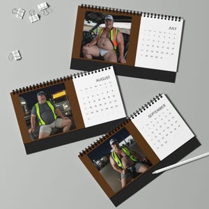 Desktop Calendar (2025 grid) featuring chubby truckers truck driver hunks fat men big guys, unique office decor, funny desk accessory,
