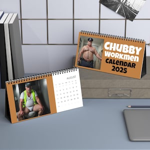 2025 Desktop Calendar, Chubby Workmen Truckers Police Construction Worker Business Men Fat Guys Big Man Hunk Planner Office Decoration Funny