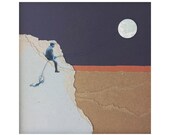 Arte de collage contemporáneo, obra única y original, hecho a mano, minimalista, hombre agarra la luna al anocecher en acantilado de papel