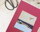 Arte de collage contemporáneo, obra única y original, hecho a mano, minimalista, titulada LA CITA que refleja pareja con cometa de papel
