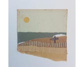 Arte de collage contemporáneo, obra única y original, hecho a mano, minimalista, mujer con tabla de surf entre texturas SURWOMAN