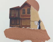 Arte de collage contemporáneo, obra única y original, hecho a mano, minimalista, mujer tiende la ropa entre texturas de cartón y revistas