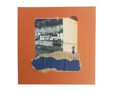 Arte de collage contemporáneo, obra única original, hecho a mano, minimalista, chica bañista en puerto de San Sebastián