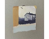 Arte de collage contemporáneo, obra única y original, hecho a mano, minimalista, caserío tradicional vasco con pájaros bordados y texturas