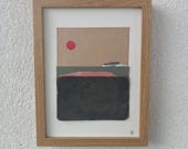 Arte de collage contemporáneo, obra única y original, hecho a mano, minimalista, bote al atarceder sobre portada de libro antiguo