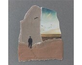 Arte de collage contemporáneo, obra única y original, hecho a mano, minimalista, hombre pensando con pájaro cosido