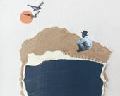 Arte de collage contemporáneo, obra única y original, hecho a mano, minimalista, hombre con pájaros bordados - PENSAMIENTOS